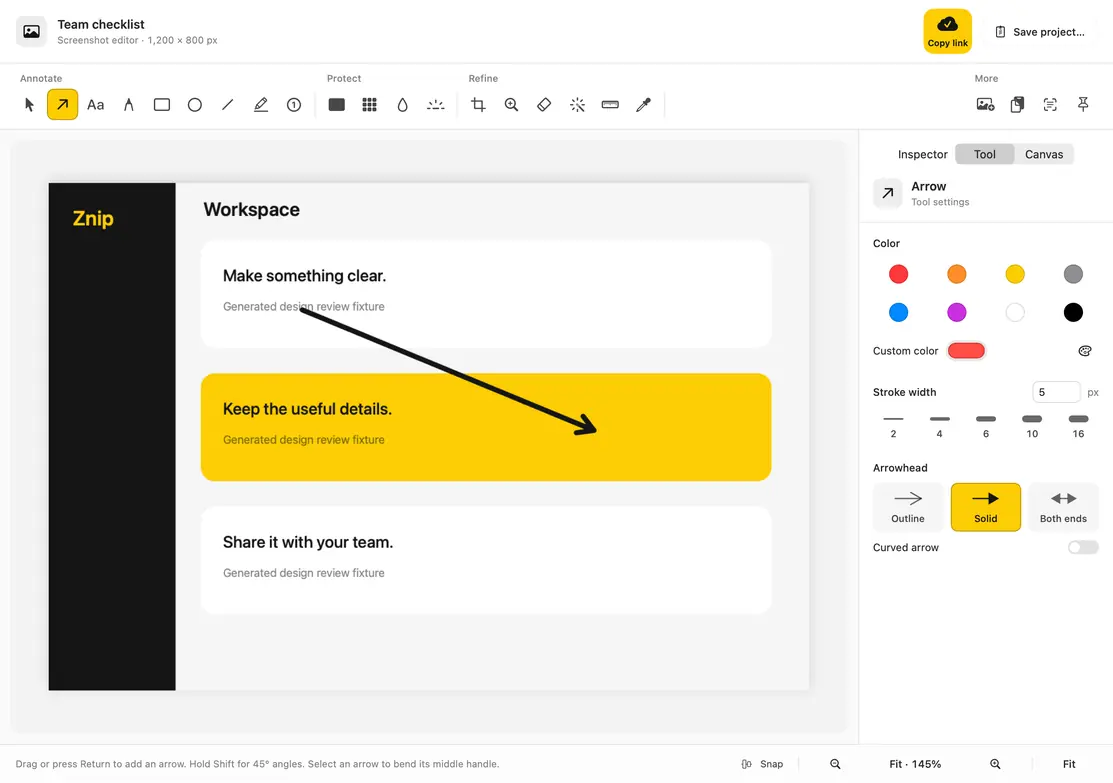 The Znip editor showing an annotated capture with drawing tools and copy and export controls